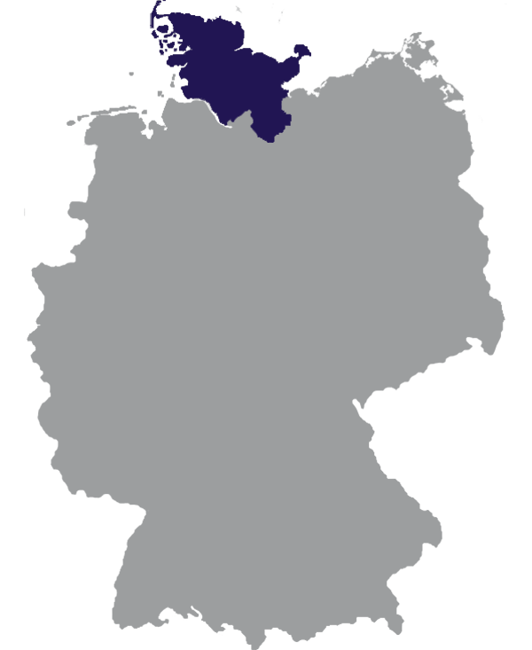 Landkaart Duitsland grijs met deelstaat Sleeswijk-Holstein donkerblauw op transparante achtergrond - 600 * 733 pixels